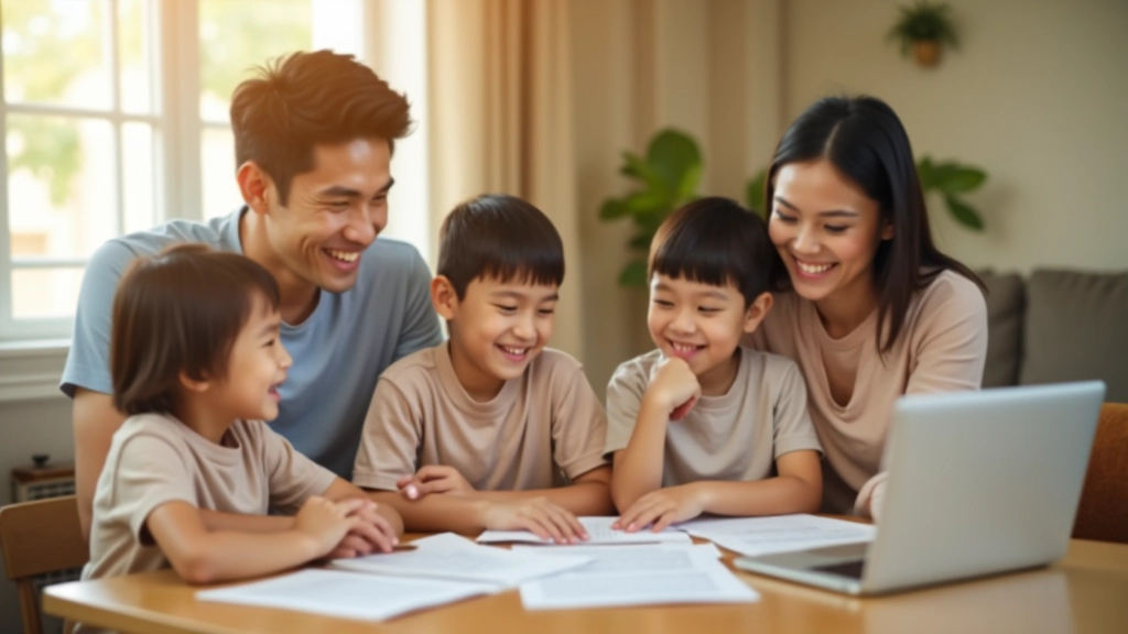 Family members discussing insurance plans together with documents and laptop in comfortable home setting
